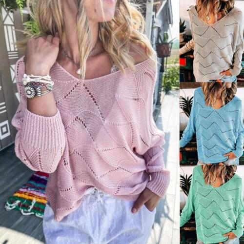 Korean Fashion Casual V neck Pullover Knited Sweater Hollow Out Blouse Bat Sleeve Top Ladies Knitted Long Sleeved Pink Clothing