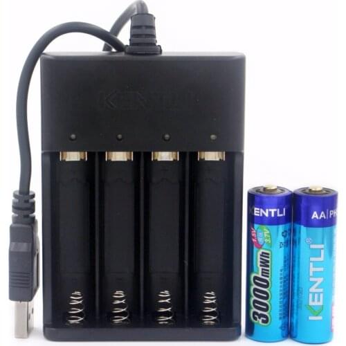 2pcs AA battery 1.5v 3000mWh Li-polymer lithium rechargeable AA battery + 4 slots Ports USB smart Charger