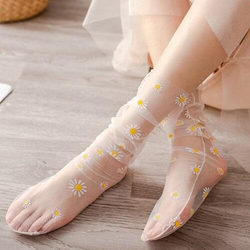 Fashion Ultra-thin Flower Socks Women Transparent Daisy Tulle Socks Long Chiffon Socks Female Summer Streetwear Calcetines