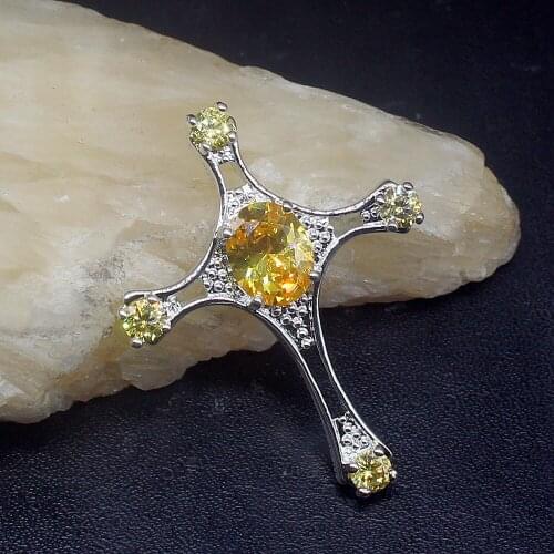 Fashion Jewelry Unique Glowing Genuine 925 Silver Holy Cross Yellow Citrine Charm Pendant Necklace Gift for Women Girls 20213570