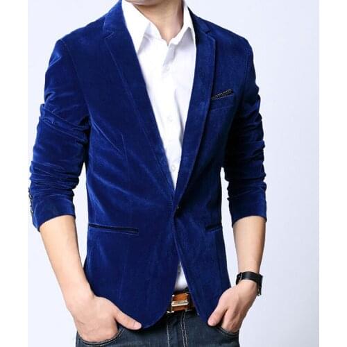 HOT SALE Mens blazers 2021 slim fit cotton velvet male jacket spring and autumn black blue notch lapel casual coat Free shipping