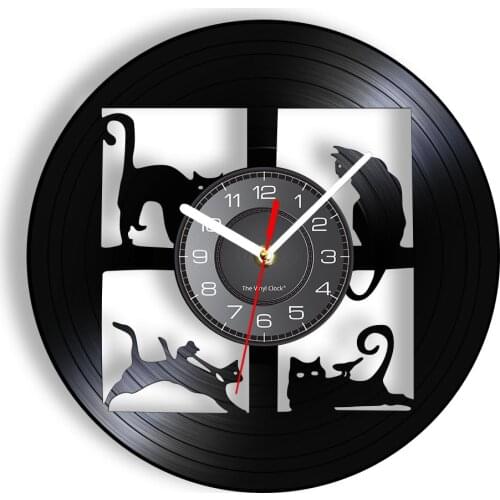 Black Cat Silhouette Wall Clock Pet Kitten Animal Pane Designed Wall Watch With LED Backlight Carved Vinyl Record Art Home Decor