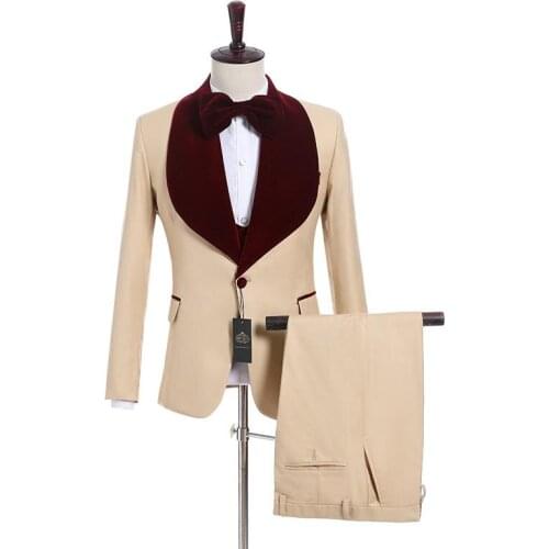 New Arrival One Button Beige Groom Tuxedos Groomsmen Wine Velvet Shawl Lapel Mens Suits Blazers (Jacket+Pants+Vest+Tie) W:1227