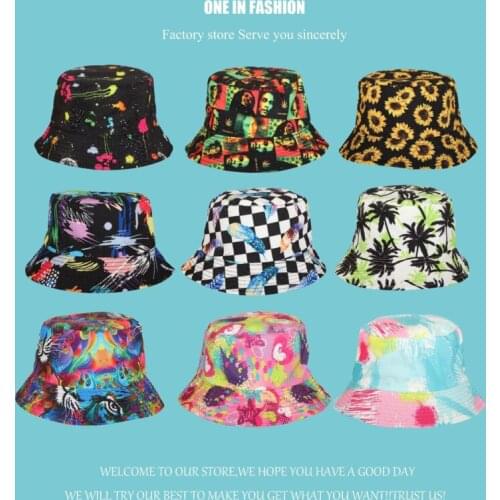 2021 Summer Double Sided Bucket Hat Women Colorful Plant Graffiti Animal Fisherman Hat Hip Hop Unisex Outdoor Casual Panama Hat
