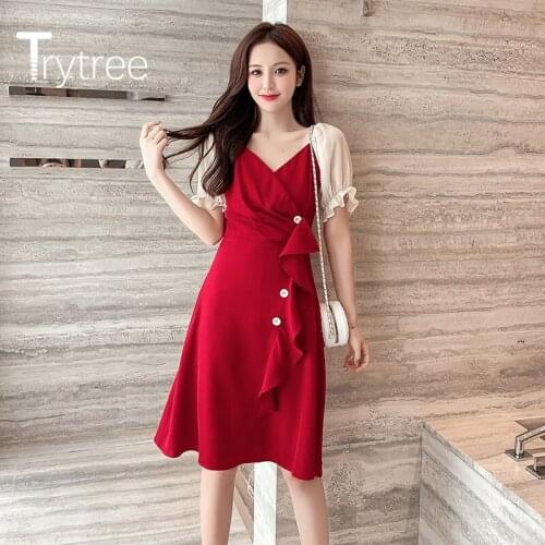 Trytree 2020 Summer women Casual Dress V-neck Patchwork Button Ruffles 2 Color Fashion A-line Vintage Elegant Office Lady Dress