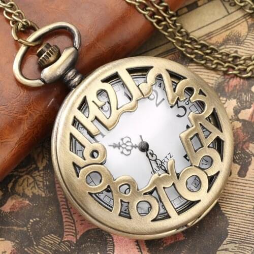 Retro Bronze Hollow Digital Antique Old Pocket Watch White Dial Pendant Chain Vintage Quartz Clock Gift for Dad Husband Watches
