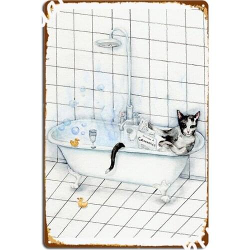 Tuxedo Cat Reading Newspaper In Bathtub Metal Sign Painting Décor Garage Club Pub Classic Tin Sign Poster