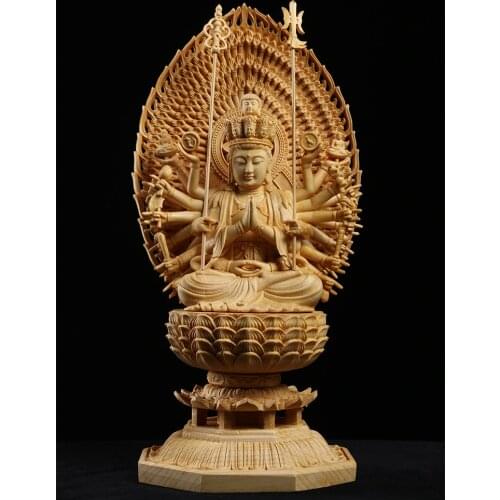 Japan Carving Buddha Statue Guanyin and The Thousand Arms Goddess Western Trinity Solid Wood Feng Shui Buda Statues for Decors
