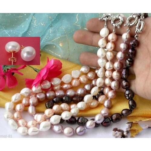 3row white round coin rice Pearls Necklace 20inch earring
