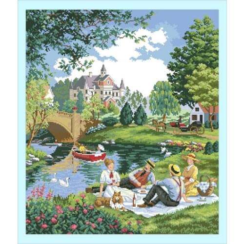 Spring Outing Cross Stitch Patterns Kits Printed Fabric Embroidery Needlework Sets 11CT 14CT DIY Handmade Crafts Home Decoration