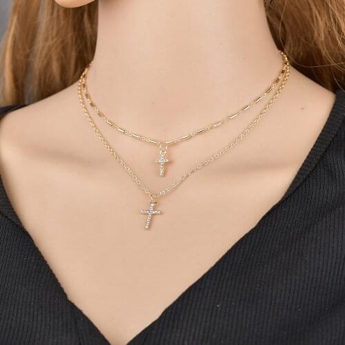 Yingwu Religious Rhinestone Jesus Cross Necklace Punk Double Layer Chain Necklace Men Women Fashion Jewelry Dropshipping