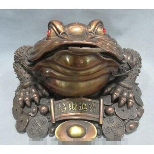 YM 319 17 FengShui Chinese Pure Bronze Diagrams Wealth YuanBao Coin Hoptoad Toad Statue