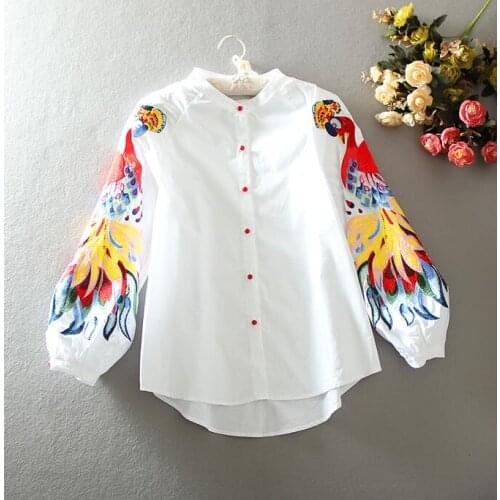 Womens spring autumn long sleeve vintage phoenix embroidery cotton shirt female casual loose chic shirt blouse tb098