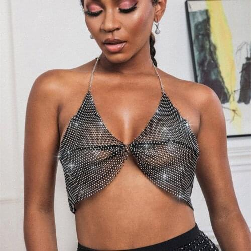 Women Bra Top Backless Crop Top Hollow Out Sheer Crystals Rhinestones Night Club Rave Festival Summer Beach Top 2021