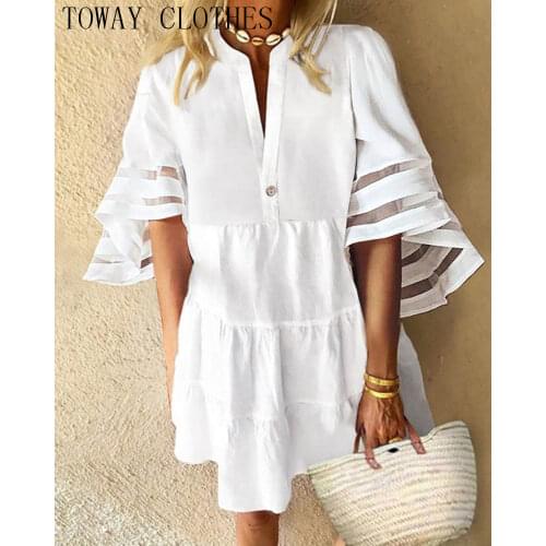 Women Summer Sheer Mesh Bell Sleeve V Neck Loose Casual Tassel Stitching Dress Half Sleeve Holiday Dress