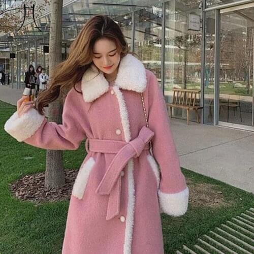 Heydress 2021 women New Winter Warm Mid Long Pretty Woolen Blend Coat female Wind Wool Pink French sashe fur collar outerwears