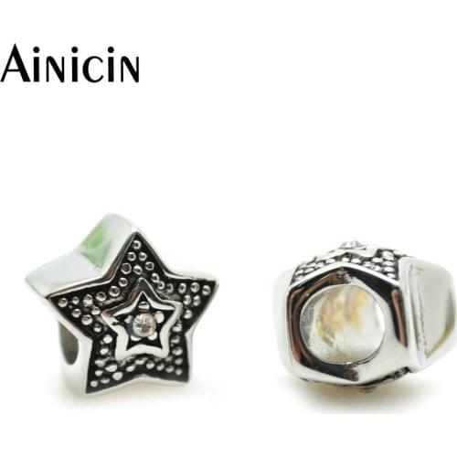 20pcs Allergen Free Stainless Steel 5mm Big Hole European Beads Silver Color Vacuum Plating Rhinestone Setting Star Shape Beads