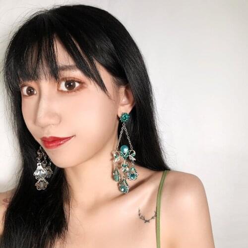 2021 new high quality alloy inlaid water drop blue crystal dinner exaggerated tassel earring jewelry