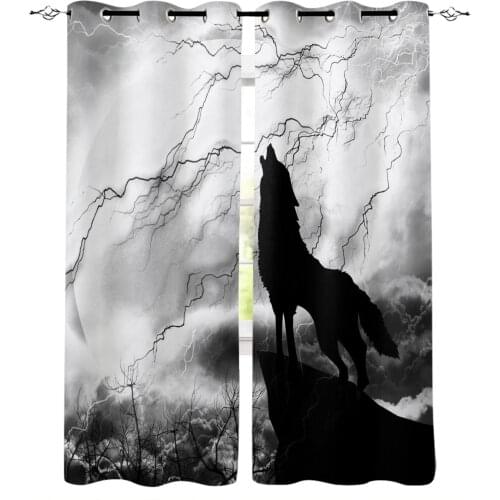 Black Wolf Night Lightning Wild Animal Modern Curtains for Living Room Bedroom Kitchen Curtains Drapes Window Treatments