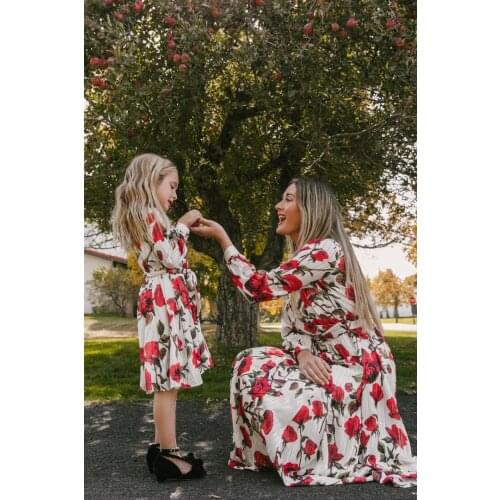 Euro- American Printed Mother and Daughter Suit Floral Dress Parent-child Suit Long-sleeved Large Chiffon Dress