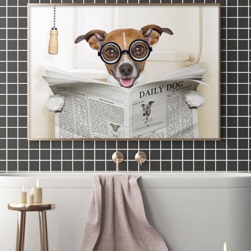 Dog Reading Newspaper Toilet Wall Art Canvas Painting Poster Prints Funny Dog Wall Picture Home Bathroom Decor