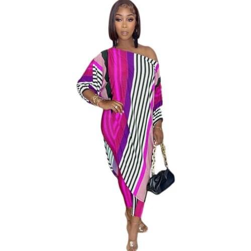 Camouflage Striped Two Piece Set Women One Shoulder Loose Long Top and Pants Leggings Matching Sets Elegant Loose Club Outfits