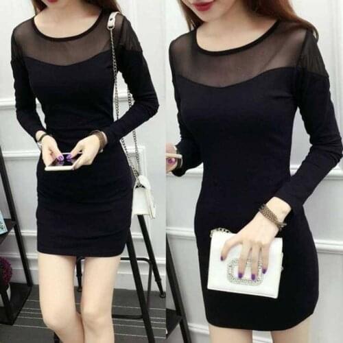 Fashion Women Dresses Long Sleeve Black Mesh Sheer Striped Patchwork Bodycon Sexy Clubwear Mini Dress for Women Vestido