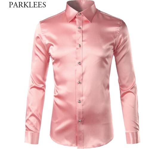 Pink Silk Satin Shirt Men 2017 Fashion Long Sleeve Mens Slim Tuxedo Shirts Casual Shiny Emulation Silk Button Down Dress Shirts