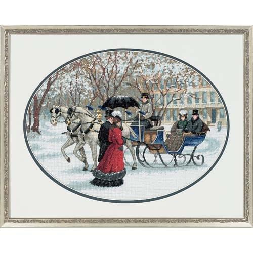 COTTON Top Quality Beautiful Lovely Counted Cross Stitch Kit Winter Impressions Snow Street Carriage Coach Cab dim 35053