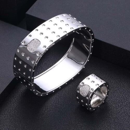 Janekelly Luxury Unique African Bangle Ring Set For Women Wedding Cubic Zircon Crystal CZ Dubai Bridal Jewelry Set