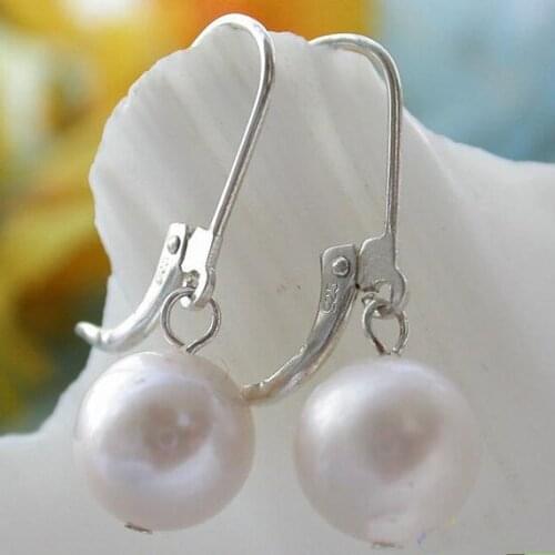 New Arrival Favorite Natural Pearl Earring 10mm Round White Freshwater Pearl Silver Dangle Earring Perfect Fine Women Gift