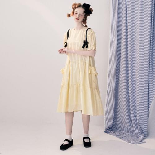 Imakokoni original design striped lace-up dress loose and thin sweet princess midi skirt female spring and summer