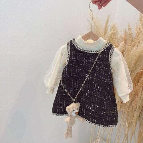 2 3 4 5 6 Years Baby Girl Dress Sets Autumn Fashion Plaid Vest Dress Mesh Sleeve Tshirt 2pcs Set For Girl Kids Clothes Suits New