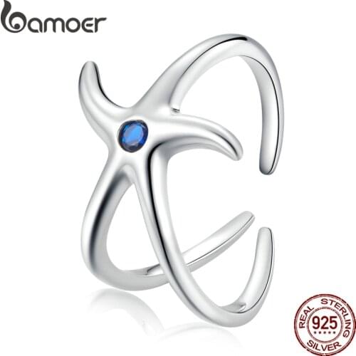 Bamoer 925 Sterling Silver Open Ring Starfish Ring CZ Adjustable Ring for Women Trendy Fashion Jewelry Best Gift BSR177