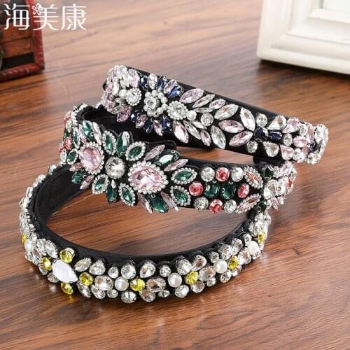 Haimeikang Baroque Shiny Crystal Collage Hairband Rhinestone Flower Headband Gorgeous Pink Stone Bridal Hair Accessories