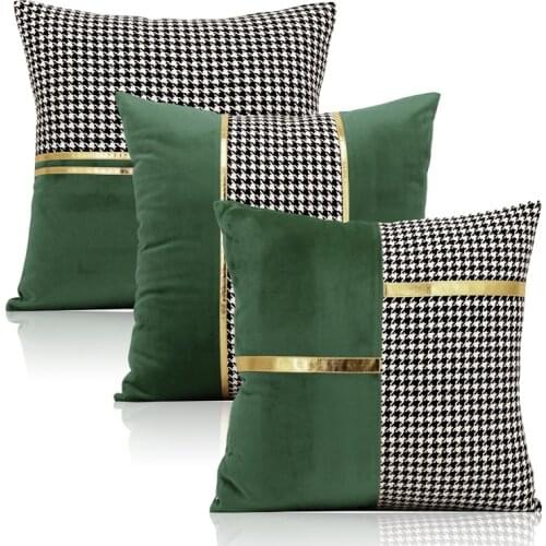 Simple waist pillow cover gold leather strip black white houndstooth stitched green velvet cushion cover pillowcase home decor
