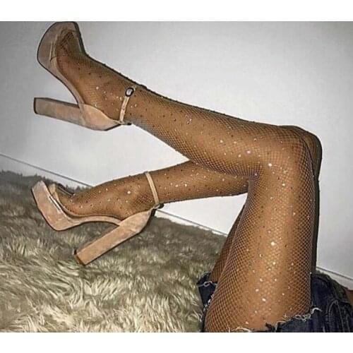 Sexy Fashion Fishnet Diamond Pantyhose Women Shiny Fish Net Tights Female Slim Rhinestone Mesh Nylon Stockings Tights