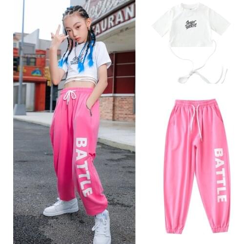 Hip-Hop Dance Clothes For Girls Children Jazz Dance Costume Crop Top Pink Pants Hiphop Performance Stage Rave Clothes DN9394