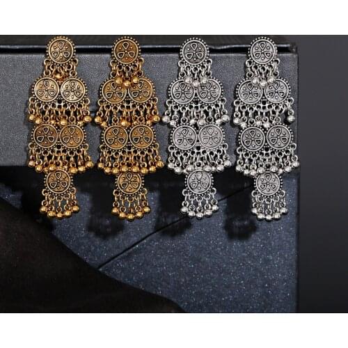 Vintage Ethnic Gypsy Indian Earrings For Women Boho Jewelry Ladies Retro Round Tassel Hollow Tassel Jhumka Earrings 2021