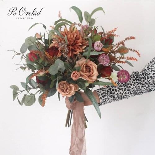 PEORCHID Vintage Wedding Bouquets Fall Colours Fake Flower Decoration Artificial Bouquet Collection 2021 Ramo De Novia Boda
