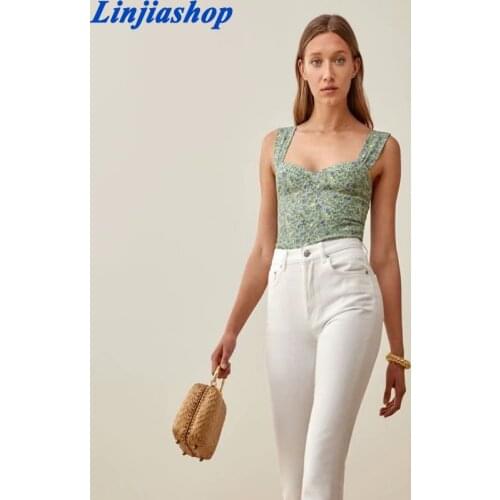 Vintage Green Floral Print Slim Women Top Fashion Women Elastic Tank Top Elegant Chiffon Camisole