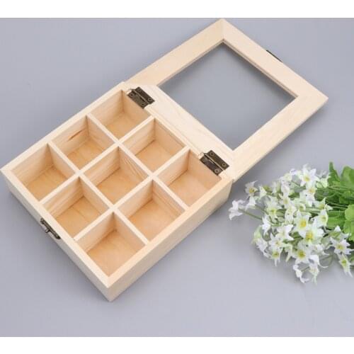 Coffee Storage Box Organizer Wooden Tea Box with 9-Compartment and Glass Window Tea Coffee Display Case Tea Bag Chest Letters