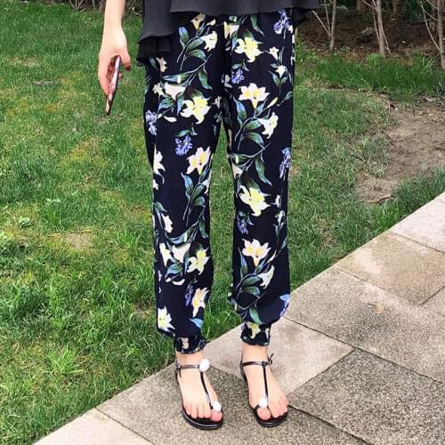 Female Holiday Casual Harem Pants Summer Style Women Pants Plus Size Elastic Waist Loose Print Ankle-Length Pants Cotton