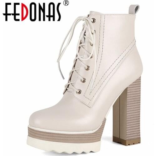 FEDONAS Super High Heels Platforms Women Ankle Boots Cross-Tied Genuine Leather Office Casual Shoes Woman Autumn Winter Newest