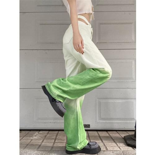 Gradient Color Hollow Jeans Women Korean Straight Loose Denim Pants Summer Large Size Design Streetwear Wide-leg Trousers