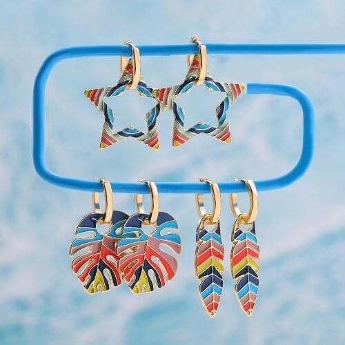 Colorful Plant Big Leaf Hanging Earrings for Women Boho Long Feather Geometric Hollow Star Drop Earrings Statement Jewelry