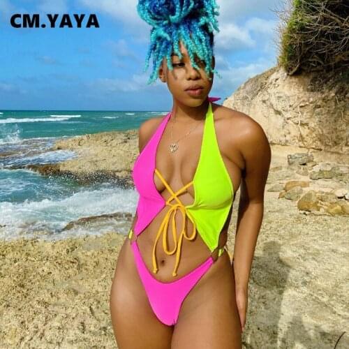 CM.YAYA Women Bodysuit Swimsuit Patchwork Sleeveless Halter Bandage Hollow Out Stretchy Bodysuits Swimwear Summer Beachwear 2021