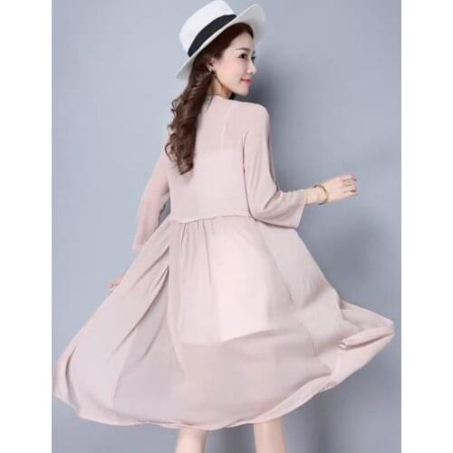 New summer 2021 V-neck thin Chiffon knitted stitched cardigan womens medium length solid color sunscreen coat