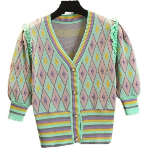 Beading Plaid Knitted Cardigan Tops Women Summer Short Sleeve V-neck Single Breasted Ruffles Sweater Korean Elegant Jumpers 2021