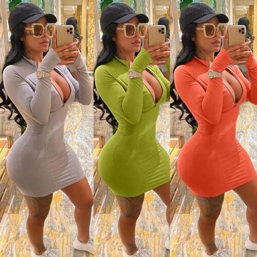 Women Zipper Up Long Sleeve Sport Mini Midi Dress Sexy Party Bandage Classic Fashion Dresses